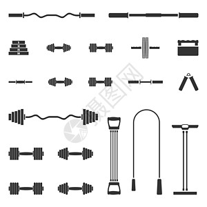 一组运动设备 矢量说明扩展器重量指板力量培训师肌肉身体杠铃跳绳哑铃图片