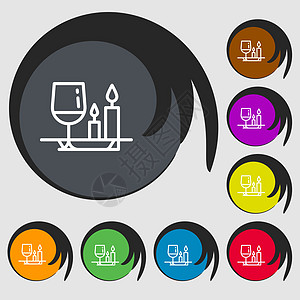 情人节的日餐图标符号 8个彩色按钮上的符号 矢量食物玻璃装饰周年草图餐厅咖啡酒吧盘子桌子图片