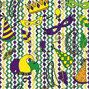 狂欢节无缝模式小丑紫色节日舞会纺织品风格帽子装饰版税派对图片