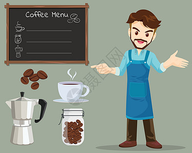 咖啡男咖啡卡通片咖啡店黑板杯子服务插图店铺职员服务员图片