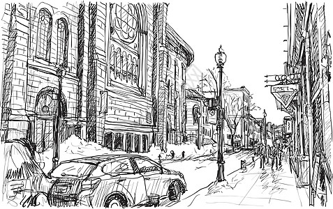 加拿大魁北克省城镇街道的城市景观素描 有雪大街艺术绘画艺术品铅笔建筑学旅行中心明信片建筑物图片