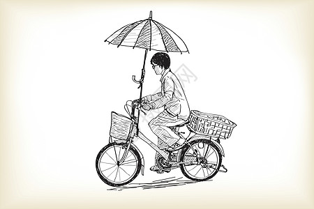 一个女孩骑自行车去市场 在自行车上调整雨伞自由男明信片草图插图车轮生活力量活力旅行乐趣图片