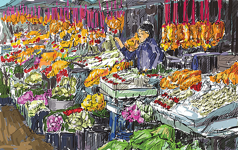Thaiillut 街道上的城市景观展示花卉市场草图商业旅行插图绘画素描购物花园场景小贩店铺图片