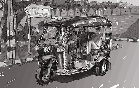 泰国出租车泰国清迈素描城市景观展示当地机动三轮车街道出租车假期草图旅游运输自行车插图旅行绘画设计图片