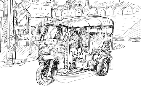 泰国出租车泰国清迈素描城市景观展示当地机动三轮车旅游吸引力三轮车街道自行车运输草图出租车假期绘画设计图片