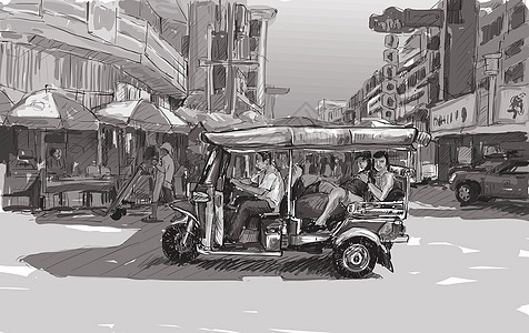 泰国清迈素描城市景观展示当地机动三轮车吸引力绘画插图运输旅行旅游地平线出租车文化草图图片