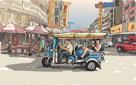 泰国出租车泰国清迈素描城市景观展示当地机动三轮车明信片绘画旅行旅游自行车三轮车地平线插图吸引力文化设计图片