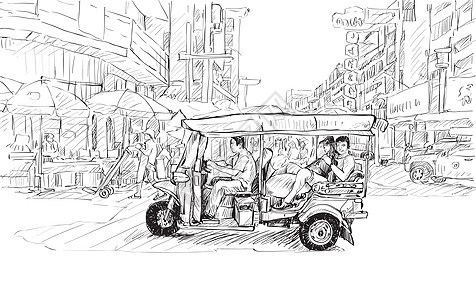 泰国清迈素描城市景观展示当地机动三轮车出租车明信片街道假期草图吸引力旅游旅行文化绘画图片