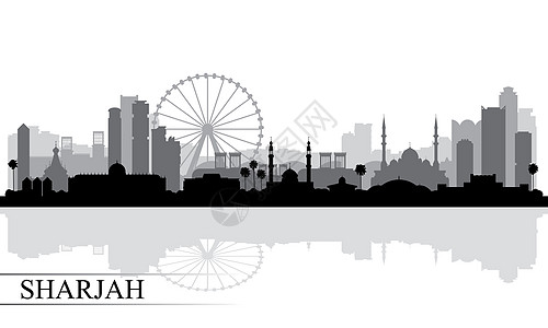 沙迦市地平线环影背景插图城市建筑明信片摩天大楼传统全景天际沙漠旅行图片