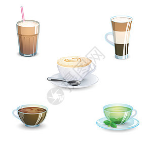一套美味的热饮咖啡 茶叶和用品 在白色背景上隔绝 矢量插图拿铁飞碟餐具美食牛奶杯子薄荷奶油香气咖啡杯图片