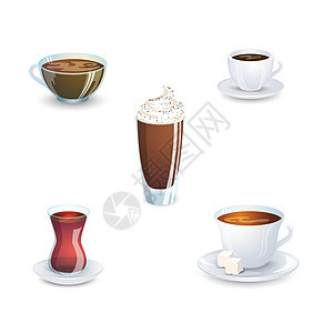 一套美味的热饮咖啡 茶叶和用品 在白色背景上隔绝 矢量插图香气收藏拿铁餐具咖啡杯可可勺子飞碟鞭打玻璃图片