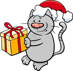 带圣诞礼物的猫卡通展示卡片爪子胡须礼物卡通片问候寒假问候语吉祥物背景图片