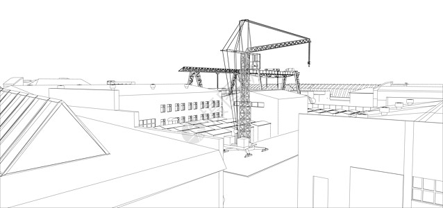 有大厦和起重机的工业区框架城市工程白色工业建筑物天际场景建筑学黑色图片