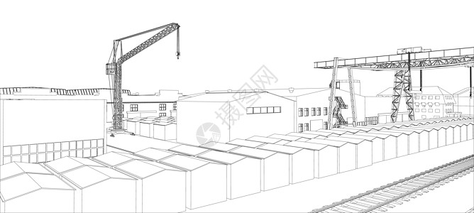 有大厦和起重机的工业区天际插图建筑学草图活动城市黑色白色建筑物工业图片