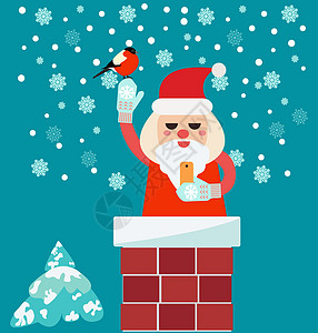 圣誕卡片 在Chimney的圣诞圣诞老人拿着智能手机图片