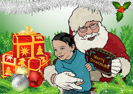 与圣诞老人的圣诞贺卡展示孩子们衣服孩子假期传统树针玩具幸福戏服图片