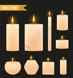 实实在在的米色蜡烛组装 3D烧蜡烛收集 黑色背景隔离 矢量插图图片
