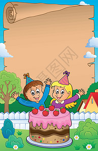 带蛋糕和小孩庆祝的羊皮纸图片