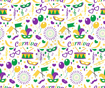 狂欢节狂欢节无缝图案与面具羽毛 珠子 肥胖星期二无尽的背景 纹理 墙纸 紫色 绿色 黄色的节日背景 矢量图图片