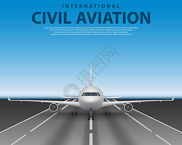 跑道上的民用客机喷气式飞机 商业现实飞机概念前视图 飞机在蓝天旅行社广告海报设计图片