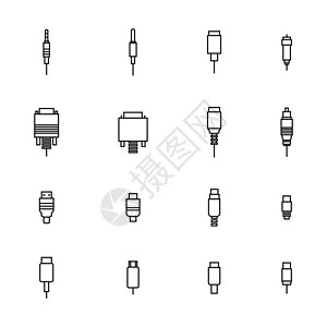 一组不同的视频和音频连接器矢量图技术力量闪电电子绳索绘画插头界面适配器插座图片