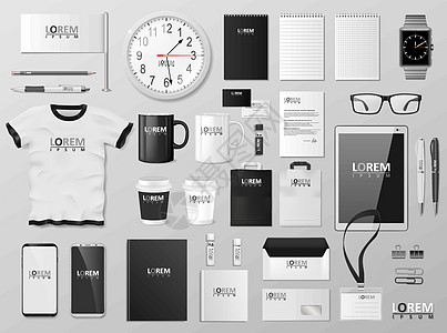 企业品牌标识模板设计 现代文具样机黑色和白色 商业风格的文具和文档 矢量图图片