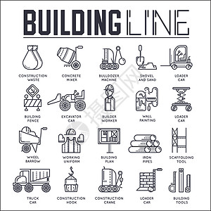 从事劳动工作和使用重型车辆概念的细线建设者 建筑工地矢量设计图案上的平面工人轮廓图片