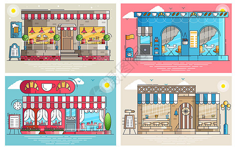 一套可爱的小咖啡馆和咖啡馆建筑外观 布局现代矢量背景插图设计概念图片