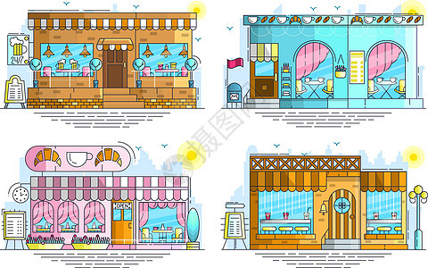 街上可爱的小咖啡馆建筑的外观 布局现代矢量背景插图设计概念椅子小酒馆房子假期午餐餐厅店铺街道休息桌子图片