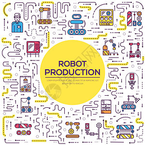 从事机器人组装线矢量轮廓概念工作的人 机器人生产薄线插图 使用打字标语文本设计板条的挂号推介会工程科学创新工具高科技操作员机械臂图片