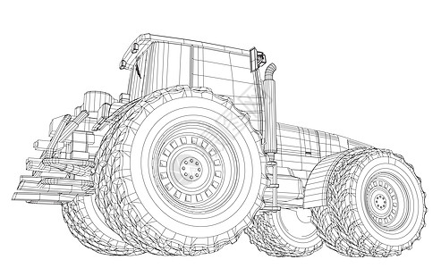 孤立在白色背景上的线框拖拉机 追踪图 3土地卡车车辆农场粮食车轮艺术机器收成力量图片