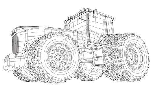 矢量拖拉机 侧面图  3d 的线框跟踪图  EPS 10 矢量格式村庄建造农民收获机械土地粮食农场力量插图图片