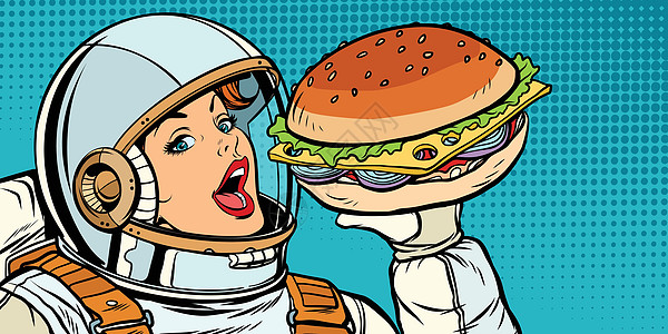 饥饿的女宇航员吃汉堡图片