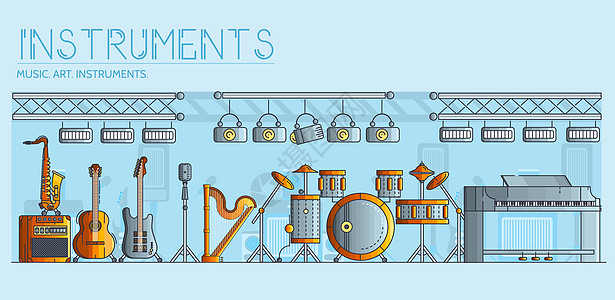 各种不同的乐器和演奏设备 布局现代矢量背景插图设计概念萨克斯麦克风录音机吉他文化记录手鼓乐队小提琴艺术图片