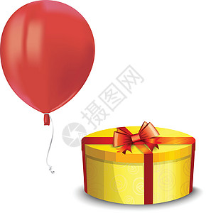 现实的空中飞行红色气球 有反射和黄色礼物盒 孤立在白色背景上 任何假日都配有节日喜好装饰元素 矢量图解图片