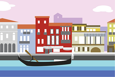 威尼斯市多彩的平板向量插图 城市景色带有堤岸和建筑物 构成设计工艺问候语明信片卡片艺术地标运河建筑学旅行商业图片