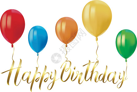 逼真的彩色气球反射和白色背景上的金色题词生日快乐 生日派对或气球贺卡设计元素的节日装饰元素 向量图片