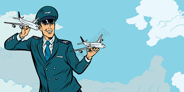 男机驾驶员 手持模拟飞机喷射职业微笑工作帽子运输男性全体航空航班图片