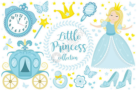 可爱的小公主灰姑娘设置对象 集合设计元素与漂亮的女孩马车手表镜面配件 孩子们婴儿剪贴画有趣的微笑字符 矢量插画图片