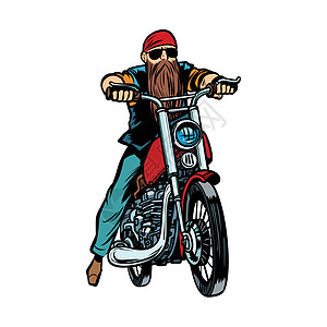 骑摩托车的大胡子男子在白色背景上隔离图片