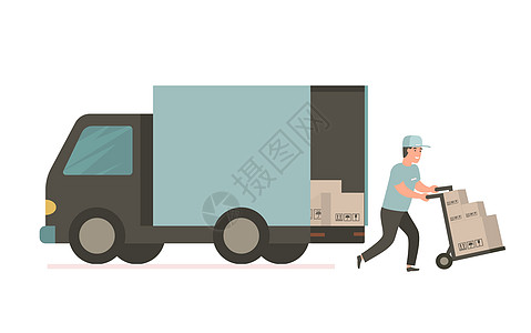 带纸箱的快递 矢量交付卡车工人卡通片商品运输邮政插图船运商业重量男人图片