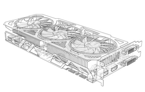 Gpu 卡大纲 韦克托电路扇子设备芯片货币采矿高科技草图显卡插图图片