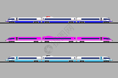 一组灰色背景上不同颜色的高速列车 矢量平板设计图片