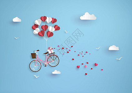 折叠自行车爱情和情人节的插图气球婚礼自行车创造力庆典飞行航程折纸空气天空设计图片