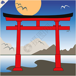 日本传统的forrii门 天空和山峰橙子旅行地标建筑旅游神社历史寺庙木头文化图片