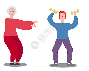 在健身房用哑铃锻炼的老年妇女图片