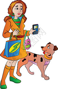 拿着手机袋和宠物狗的女人插画艺术品绘画女士细胞白色姐姐购物者电话宠物工具图片