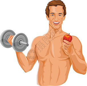 养着哑铃和苹果的健壮男人的矢量器插图食物膀子重量二头肌保健福利卫生闲暇营养图片
