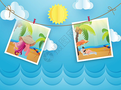 野营海报享受挂在蓝色剪纸 cl 上的女性照片的夏季旅行设计图片