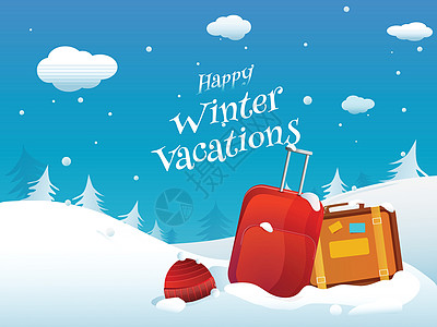 寒假庆祝与背包在白雪皑皑的冬天天气问候海报雪花多云降雪季节假期行李背景图片